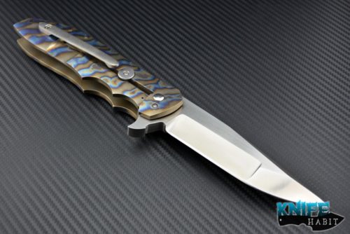 custom reese weiland knife, prototype, titanium flame anodized scales,