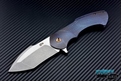 semi-custom Rick Barrett Fallout carry mid-tech knife, blue purple anodized scales, gold hardware, s35vn blade steel, polished flats stonewash blade grinds