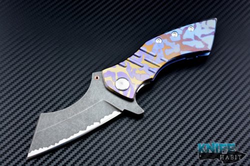 custom Sergey Rogovets XR3F knife, blue and purple scales