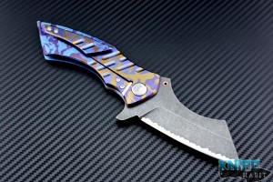 custom Sergey Rogovets XR3F knife, blue and purple scales
