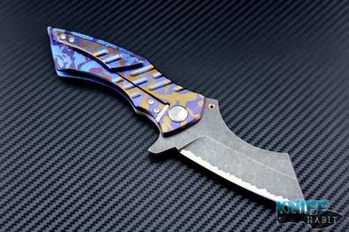 custom Sergey Rogovets XR3F knife, blue and purple scales