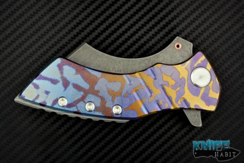 custom Sergey Rogovets XR3F knife, blue and purple scales