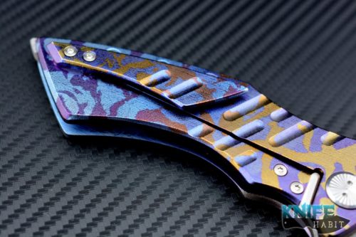 custom Sergey Rogovets XR3F knife, blue and purple scales