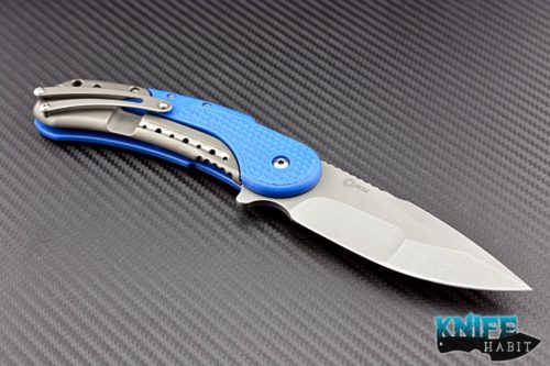 custom Todd Begg Field Grade Bodega knife, blue g10 titanium scales, stonewashed tumbled blade n690 steel