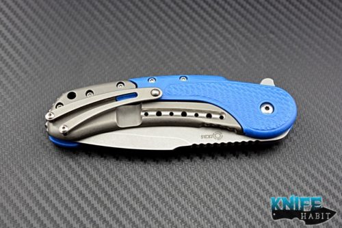 custom Todd Begg Field Grade Bodega knife, blue g10 titanium scales, stonewashed tumbled blade n690 steel