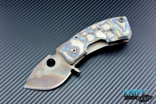 custom crusader forge apex folder knife, KG coating, sculpted titanium handle, flame anodized