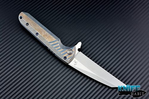 custom Gavko Knives Bullhead flipper knife, titanium silver, blue, gold anodized handle scales, aeb-l blade steel, stonewash finish