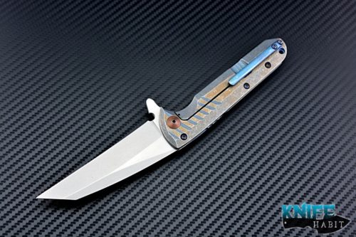 custom Gavko Knives Bullhead flipper knife, titanium silver, blue, gold anodized handle scales, aeb-l blade steel, stonewash finish