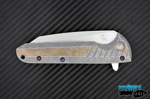 custom Gavko Knives Bullhead flipper knife, titanium silver, blue, gold anodized handle scales, aeb-l blade steel, stonewash finish