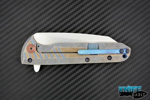 custom Gavko Knives Bullhead flipper knife, titanium silver, blue, gold anodized handle scales, aeb-l blade steel, stonewash finish