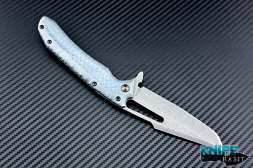 custom gavko knives hammerhead knife for sale, sculpted blue anodized titanium frame, stonewashed aeb-l blade steel