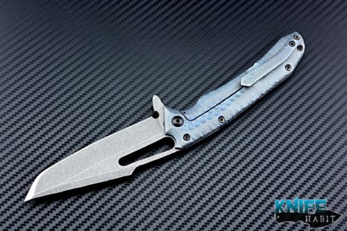 custom gavko knives hammerhead knife for sale, sculpted blue anodized titanium frame, stonewashed aeb-l blade steel