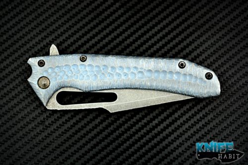 custom gavko knives hammerhead knife for sale, sculpted blue anodized titanium frame, stonewashed aeb-l blade steel