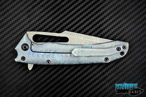 custom gavko knives hammerhead knife for sale, sculpted blue anodized titanium frame, stonewashed aeb-l blade steel