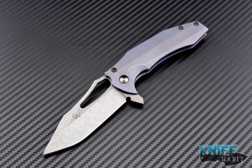 custom Gavko Knives Modified Spinner knife, blue anodized titanium scales with rock sculpting, AEB-L blade steel