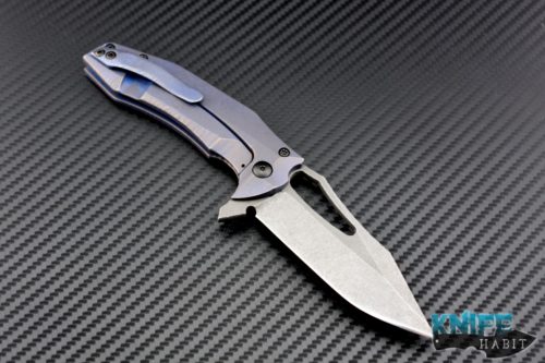 custom Gavko Knives Modified Spinner knife, blue anodized titanium scales with rock sculpting, AEB-L blade steel