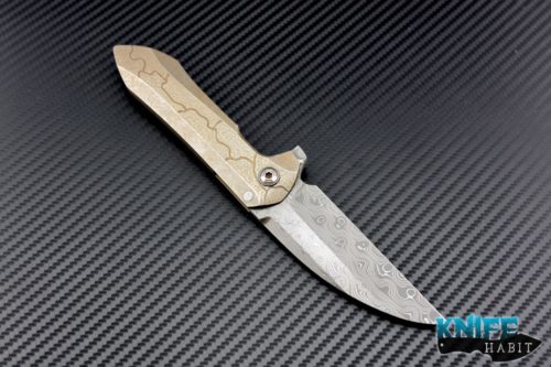 custom peter rassenti druid knife for sale, prism carved milled bronzed handle, chad nichols damascus blade