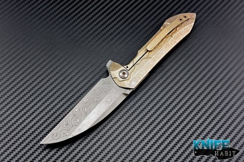 custom peter rassenti druid knife for sale, prism carved milled bronzed handle, chad nichols damascus blade