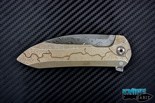 custom peter rassenti druid knife for sale, prism carved milled bronzed handle, chad nichols damascus blade