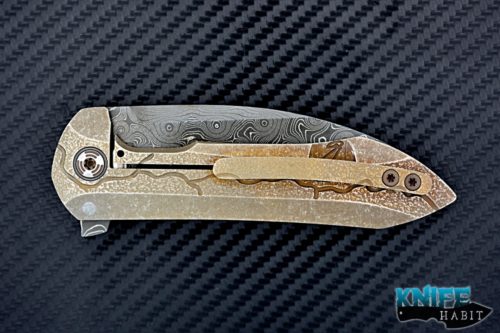 custom peter rassenti druid knife for sale, prism carved milled bronzed handle, chad nichols damascus blade