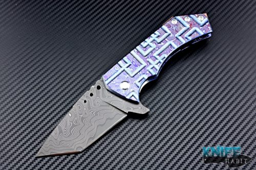 custom Sergey Rogovets T2 knife, san mai damascus blade, full mokuti frame, zirconium clip, copper backspacer