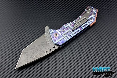 custom Sergey Rogovets T2 knife, san mai damascus blade, full mokuti frame, zirconium clip, copper backspacer