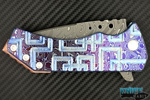 custom Sergey Rogovets T2 knife, san mai damascus blade, full mokuti frame, zirconium clip, copper backspacer