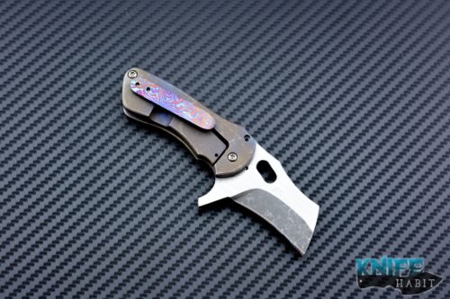 custom Toxic Blades Eagle Eye #3 knife, timascus clip, stone washed flame ano scales, dual tone blade