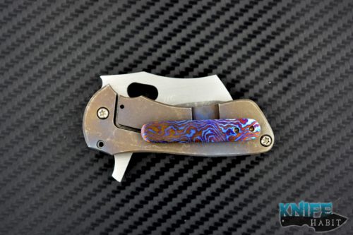 custom Toxic Blades Eagle Eye #3 knife, timascus clip, stone washed flame ano scales, dual tone blade