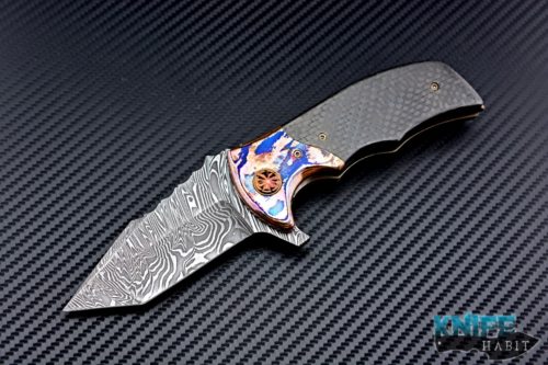 custom Alistair Bastian Knives Wombat dress flipper knife, copper mokume bolsters, carbon fiber scales, liner lock, damascus blade