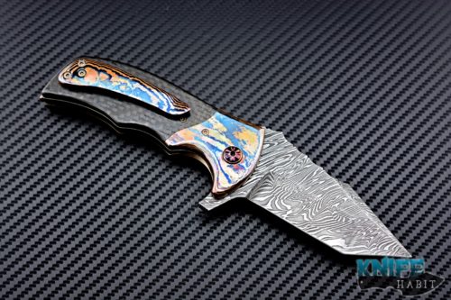 custom Alistair Bastian Knives Wombat dress flipper knife, copper mokume bolsters, carbon fiber scales, liner lock, damascus blade