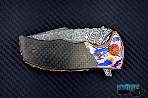 custom Alistair Bastian Knives Wombat dress flipper knife, copper mokume bolsters, carbon fiber scales, liner lock, damascus blade