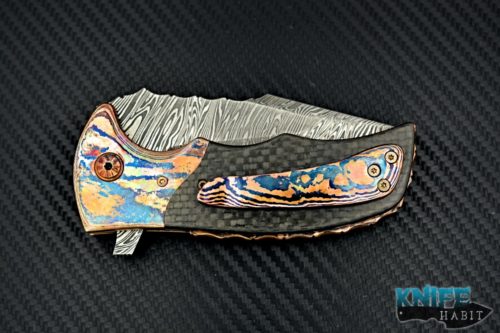 custom Alistair Bastian Knives Wombat dress flipper knife, copper mokume bolsters, carbon fiber scales, liner lock, damascus blade