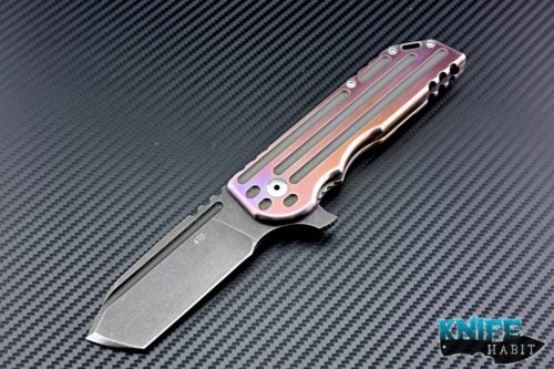 custom alphahunter tactical design royal warhorse #2 of 5 knife, cpm 4v blade steel, color anodized and milled titanium handle scales, acid wash dark tumbled blade,
