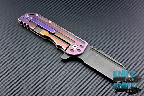 custom alphahunter tactical design royal warhorse #2 of 5 knife, cpm 4v blade steel, color anodized and milled titanium handle scales, acid wash dark tumbled blade,