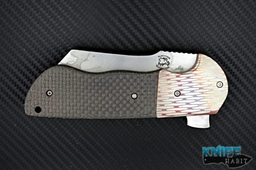 custom michael burch burchtree bladeworks DAO flipper dress custom knife, superconductor bolsters, hamon blade, light strike carbon fiber handle, liner lock