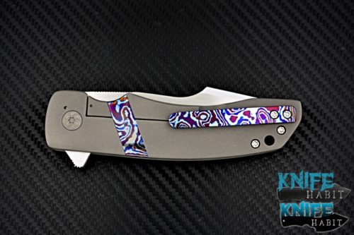 custom chad nell esg flipper knife, timascus inlays, timascus clip, hand rubbed mirror polished blade cpm 154 steel