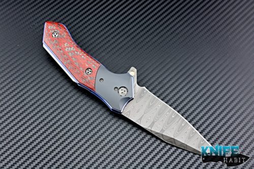 custom allen elishewitz copies knife, damascus blade steel, zirconium bolsters, titanium blue anodized liner lock clip, red turbo carbon fiber hand scales