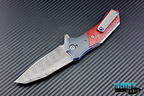 custom allen elishewitz copies knife, damascus blade steel, zirconium bolsters, titanium blue anodized liner lock clip, red turbo carbon fiber hand scales