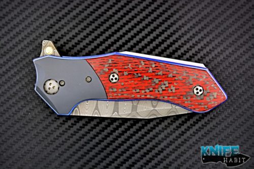 custom allen elishewitz copies knife, damascus blade steel, zirconium bolsters, titanium blue anodized liner lock clip, red turbo carbon fiber hand scales