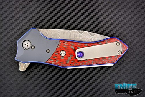 custom allen elishewitz copies knife, damascus blade steel, zirconium bolsters, titanium blue anodized liner lock clip, red turbo carbon fiber hand scales