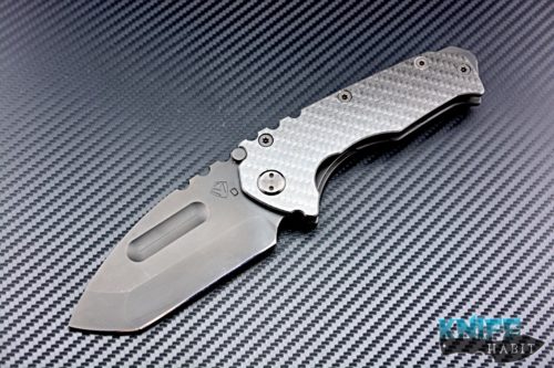 semi-custom greg medford knife & tool limited edition stealth mid-tech knife, carbon fiber show side, black pvd d2 blade, titanium lockside, hardware, clip