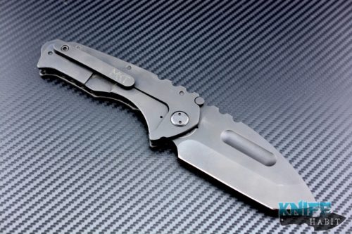 semi-custom greg medford knife & tool limited edition stealth mid-tech knife, carbon fiber show side, black pvd d2 blade, titanium lockside, hardware, clip