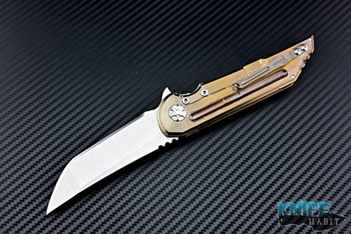 custom jake hoback kwaiken knife for sale, gold bronzed milled titanium, satin blade finish