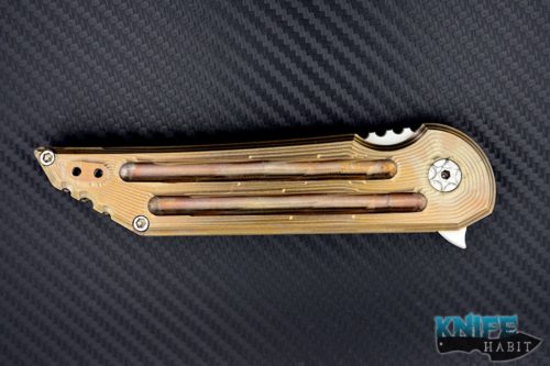 custom jake hoback kwaiken knife for sale, gold bronzed milled titanium, satin blade finish