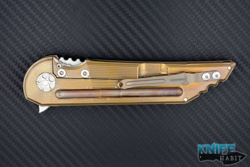 custom jake hoback kwaiken knife for sale, gold bronzed milled titanium, satin blade finish