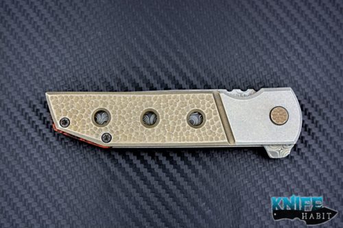 custom jonathan mcnees ankylos knife for sale, chad nichols damascus blade & clip, textured bronzed handle scale,