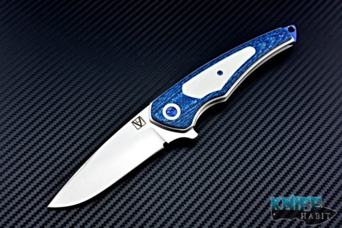 custom les voorhies simplex knife, blue carbon fiber handle, white g10 inlay, s30v blade steel, satin finish, faisal yamin design, blue anodized hardware