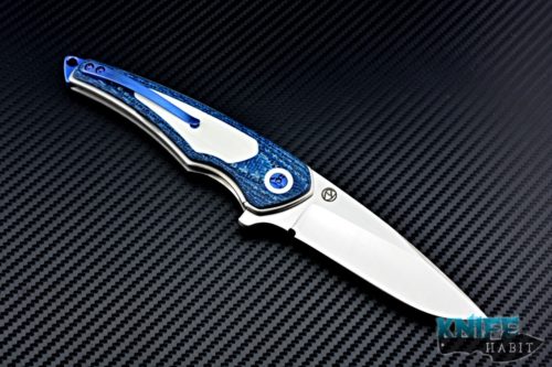 custom les voorhies simplex knife, blue carbon fiber handle, white g10 inlay, s30v blade steel, satin finish, faisal yamin design, blue anodized hardware