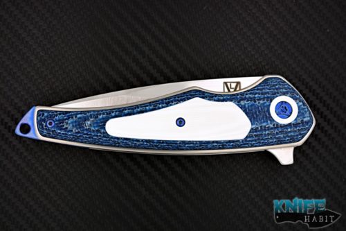 custom les voorhies simplex knife, blue carbon fiber handle, white g10 inlay, s30v blade steel, satin finish, faisal yamin design, blue anodized hardware